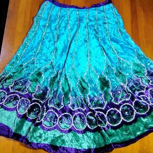 Fusion Women Teal Green Purple Velvet Boho Maxi Skirt M L Beaded Flair fairy y2k